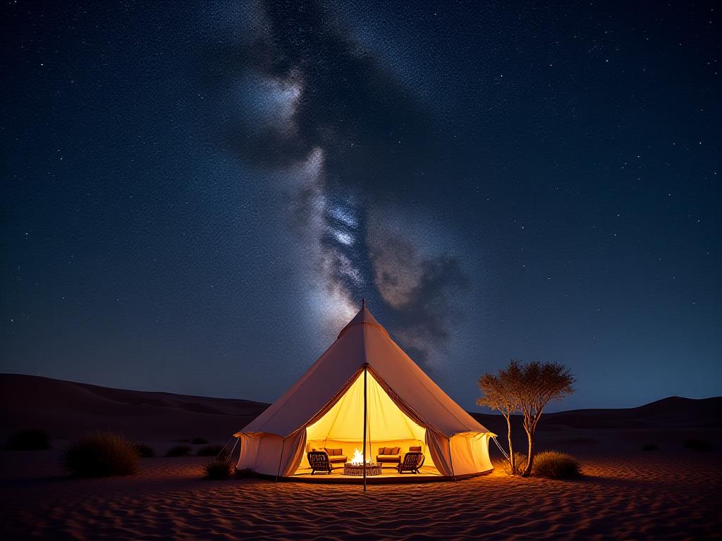Luxury glamping tent under starlit desert sky