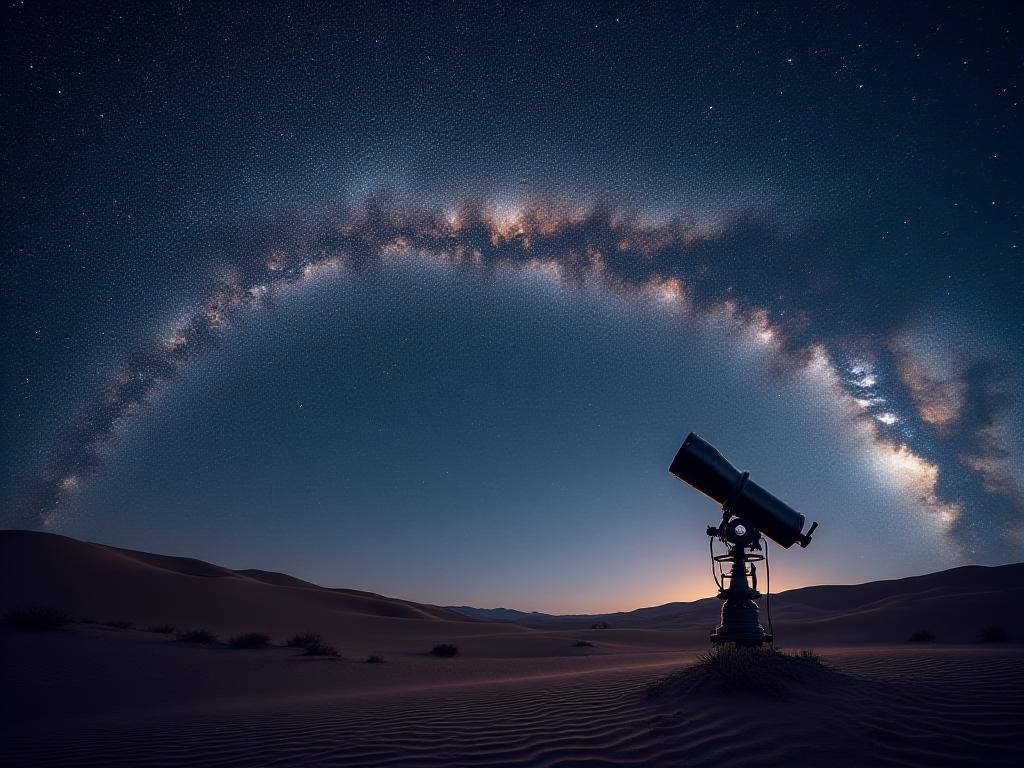 Milky Way above desert with astronomy telescope
