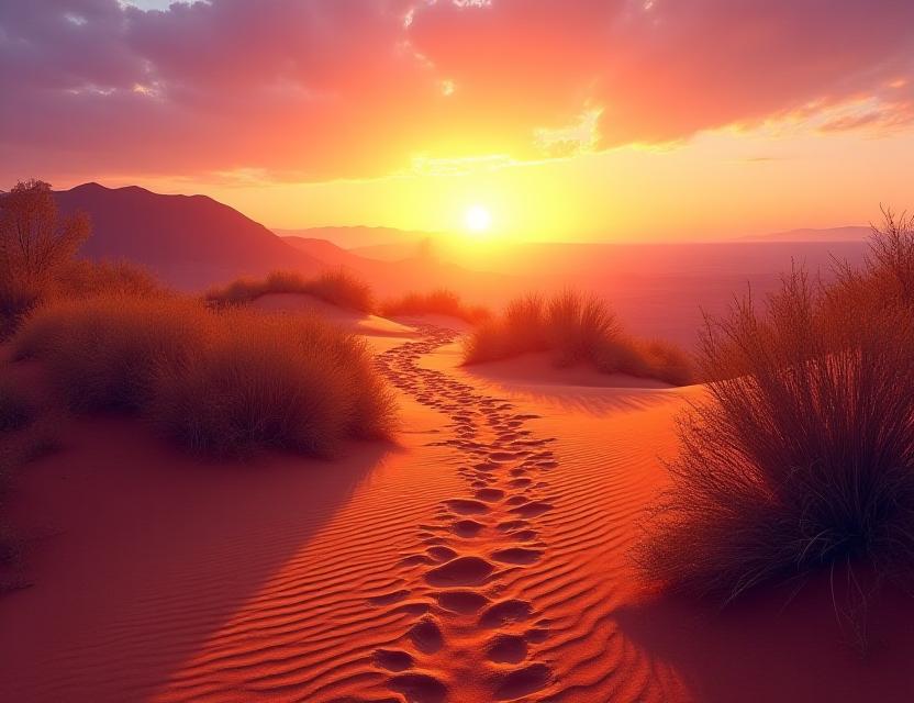 Sunrise hiking through crimson desert landscape