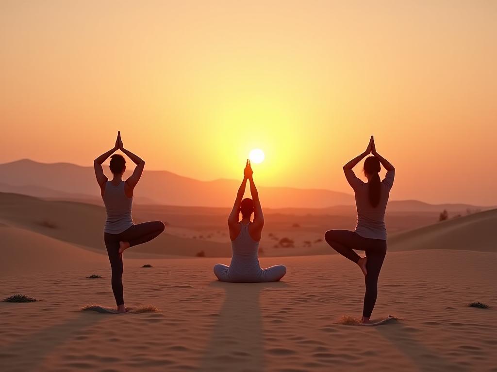 Sunrise yoga session in desert mindfulness retreat